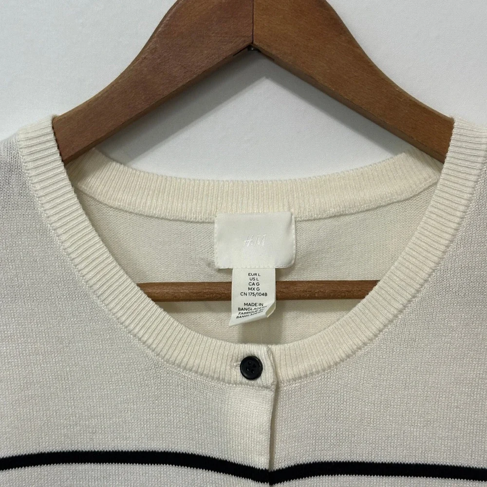 H&M Cardigan Sweater Womens Large Cream Black NEW Striped Button Front